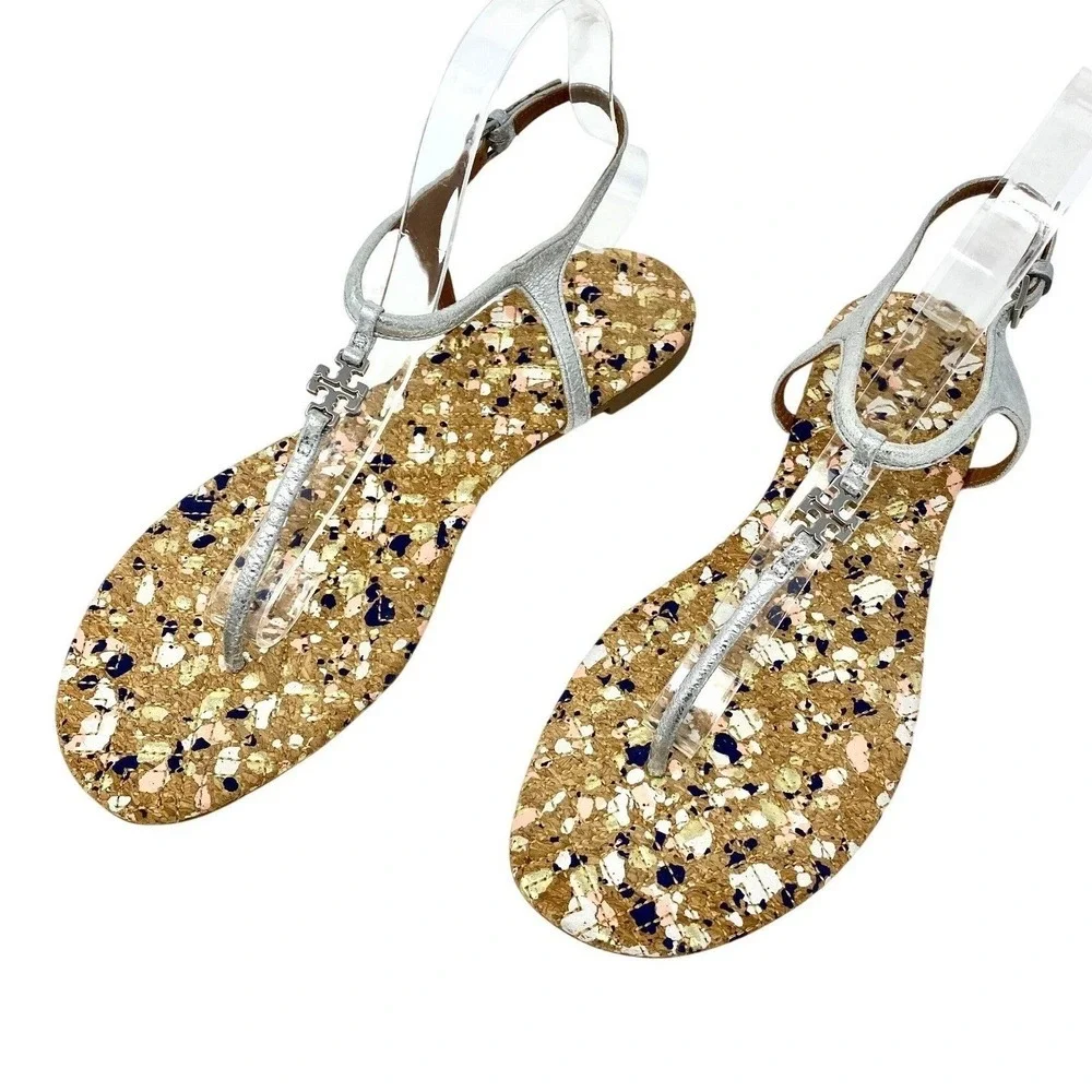 Tory Burch Silver Metallic Leather Cork Splatter Logo Thong Sandals Womens 7.5
